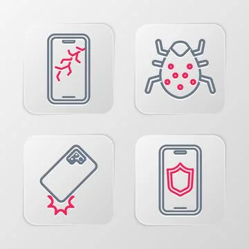 Set line Mobile with shield, Shockproof phone, System bug and broken screen i Illustrazione stock