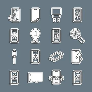 Set line Mobile with smart home, Glass screen protector, System bug, Charge.. Stock Illustration
