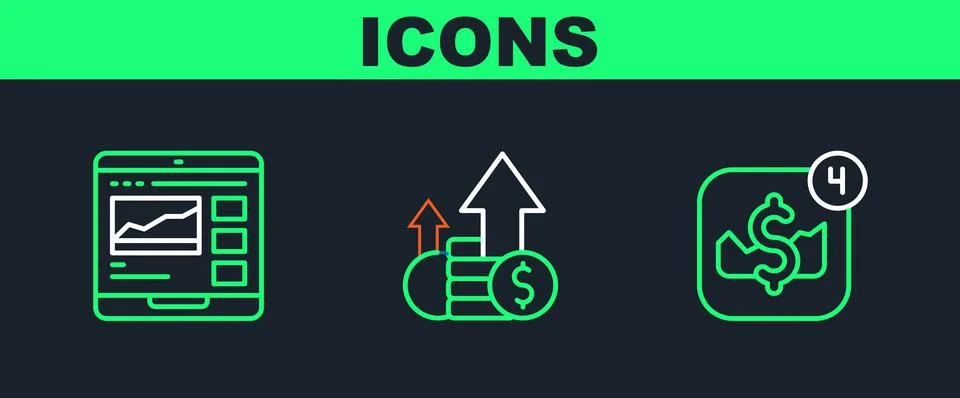 Set line Mobile stock trading, Trading courses and Financial growth and coin Illustrazione stock