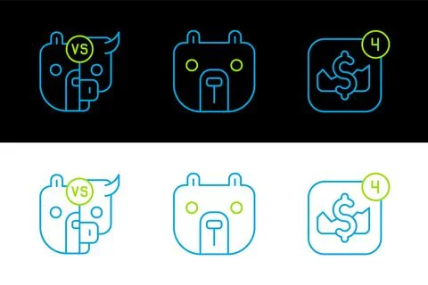 Set line Mobile stock trading, Bull and bear of market and Bear icon. Vector Illustrazione stock