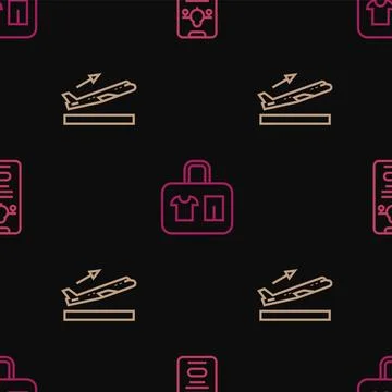Set line Mobile with ticket, Plane takeoff and Suitcase on seamless pattern.. Stock Illustration