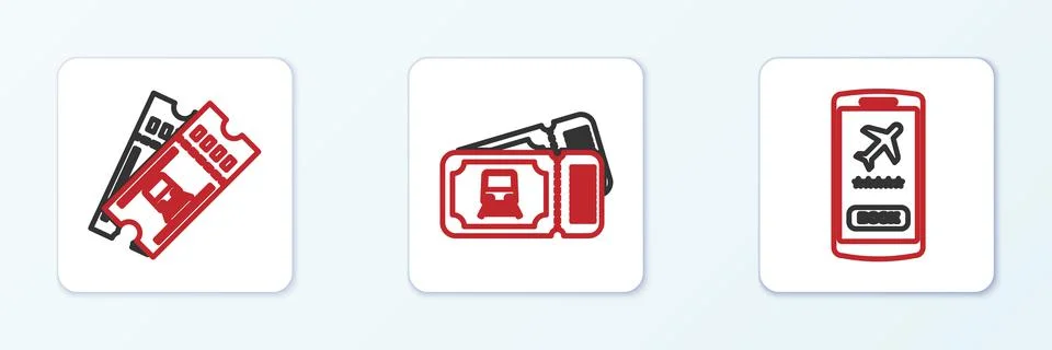 Set line Mobile with ticket, Train and  icon. Vector Illustrazione stock