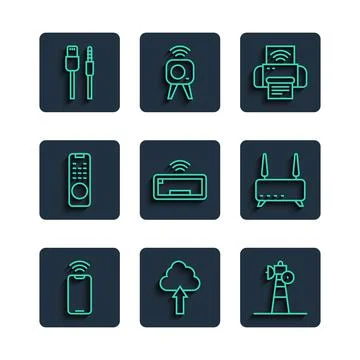 Set line Mobile with wi-fi wireless, Cloud upload, Satellite dish, Smart printer イラスト素材