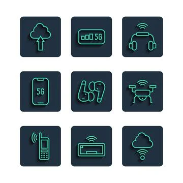 Set line Mobile with wi-fi wireless, Computer keyboard, Network cloud connection Illustrazione stock