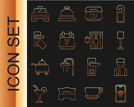 Set line Mobile with wi-fi wireless, Concierge, Table lamp, Telephone hands.. Stock Illustration