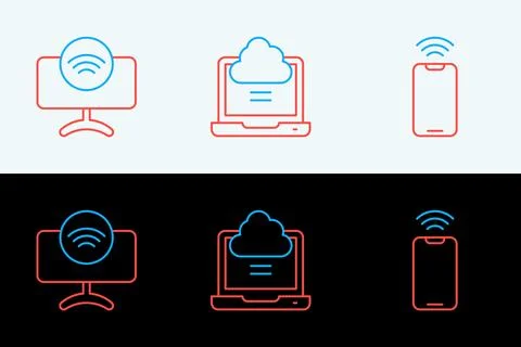 Set line Mobile with wi-fi wireless, Smart Tv system and Network cloud conn.. Stock Illustration