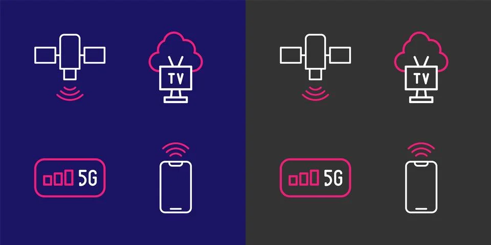 Set line Mobile with wi-fi wireless, 5G internet, Smart Tv and Satellite ic.. Stock Illustration
