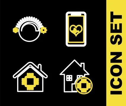 Set line Mobile with wi-fi wireless, Smart home,  and Thermostat icon. Vector Stock Illustration