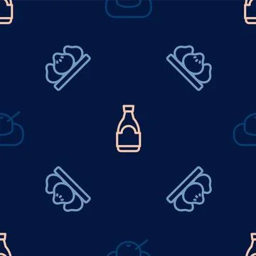 Set line Mochi, Dumpling and Soy sauce bottle on seamless pattern. Vector Stock Illustration