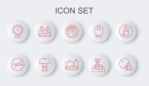 Set line Modern pilot helmet, No Smoking, Radar with targets on monitor, Airport Stock Illustration