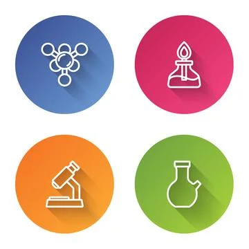 Set line Molecule, Alcohol or spirit burner, Microscope and Test tube. Color  Stock Illustration