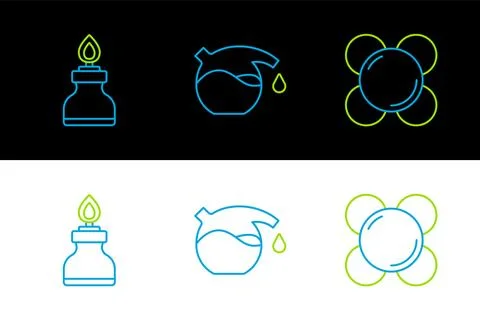 Set line Molecule, Alcohol or spirit burner and Test tube icon. Vector イラスト素材