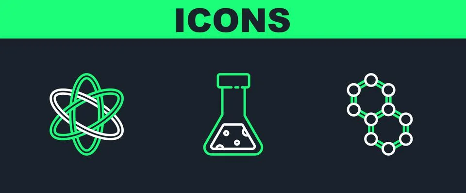 Set line Molecule, Atom and Test tube and flask chemical icon. Vector Stock Illustration
