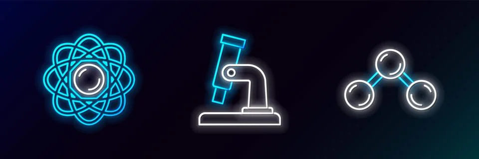 Set line Molecule, Atom and Microscope icon. Glowing neon. Vector Illustrazione stock