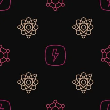 Set line Molecule, Atom and Lightning bolt on seamless pattern. Vector Stock Illustration