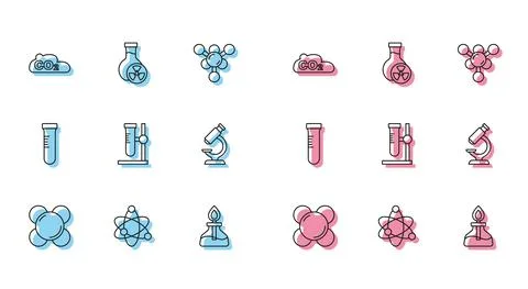 Set line Molecule, Atom, CO2 emissions in cloud, Alcohol or spirit burner, Test イラスト素材