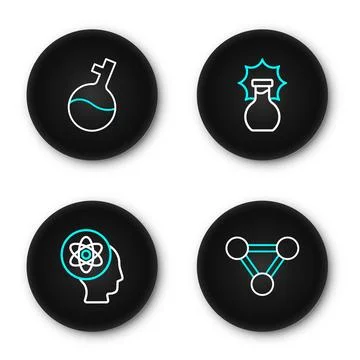 Set line Molecule, Atom, Explosion in the flask and Test tube icon. Vector Stock Illustration