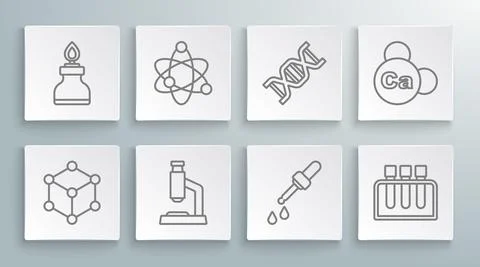 Set line Molecule, Atom, Microscope, Pipette, Test tube, DNA symbol, Mineral Ca Stock Illustration
