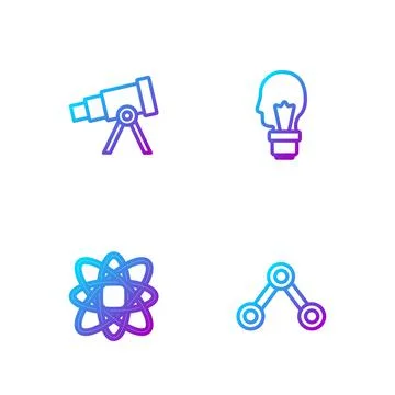 Set line Molecule, Atom, Telescope and Light bulb with concept of idea. Gradient Stock Illustration