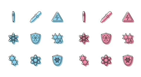 Set line Molecule, Atom, Tweezers, Biohazard symbol on shield, Radioactive .. Ilustración de archivo