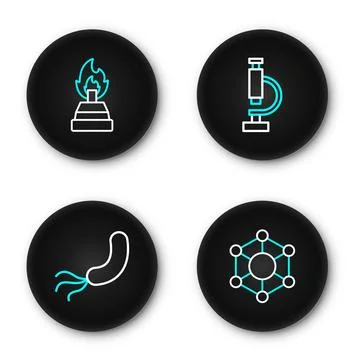 Set line Molecule, Bacteria, Microscope and Alcohol or spirit burner icon. .. Stock Illustration