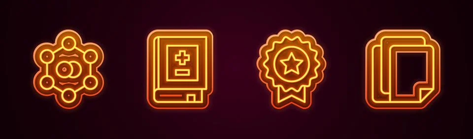Set line Molecule, Book with mathematics, Medal star and File document. Glowing Stock Illustration