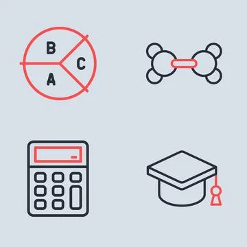 Set line Molecule, Calculator, Graduation cap and Pie chart infographic ico.. Stock Illustration