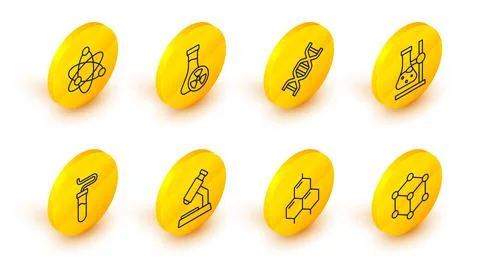 Set line Molecule, Chemical formula, Microscope, Test tube, flask on stand, DNA Stock Illustration