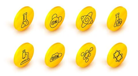 Set line Molecule, CO2 emissions in cloud, Microscope, Test tube with toxic Illustrazione stock