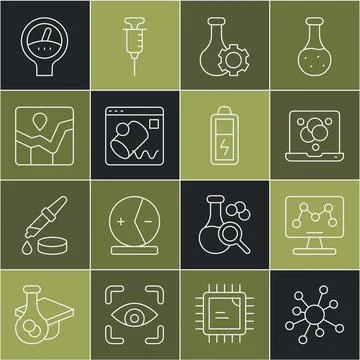 Set line Molecule, Genetic engineering, Chemical formula, Test tube, Data Illustrazione stock