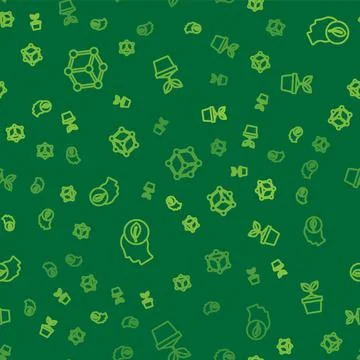 Set line Molecule, Human head with leaf inside and Plant pot on seamless patt Stock Illustration
