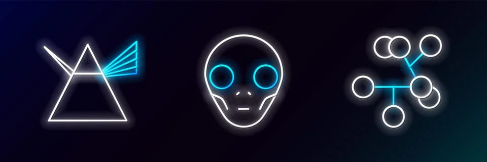 Set line Molecule, Light rays in prism and Extraterrestrial alien face icon.. Stock Illustration