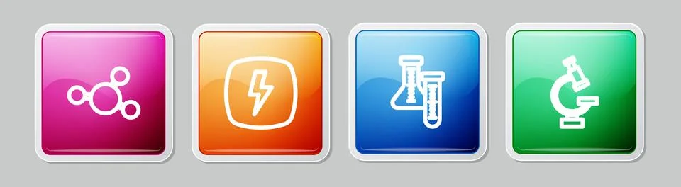 Set line Molecule, Lightning bolt, Test tube and Microscope. Colorful square イラスト素材
