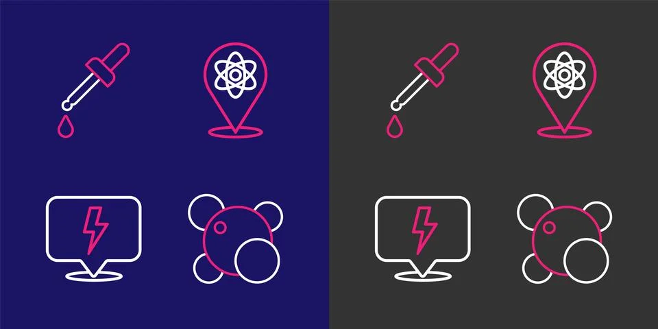 Set line Molecule, Lightning bolt, Atom and Pipette icon. Vector Stock Illustration