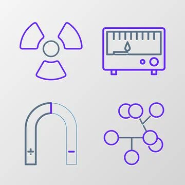Set line Molecule, Magnet, Electrical measuring instruments and Radioactive icon Illustrazione stock