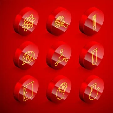 Set line Molecule, Microorganisms under magnifier, Test tube and flask, Rad.. Stock Illustration