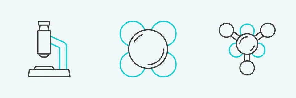 Set line Molecule, Microscope and  icon. Vector Illustrazione stock