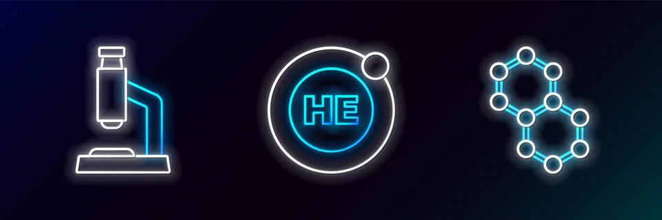 Set line Molecule, Microscope and Helium icon. Glowing neon. Vector Illustrazione stock