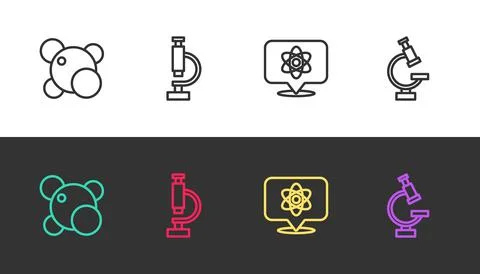 Set line Molecule, Microscope, Atom and on black and white. Vector Illustrazione stock