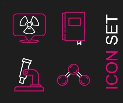 Set line Molecule, Microscope, Book and Radioactive in location icon. Vector Illustrazione stock