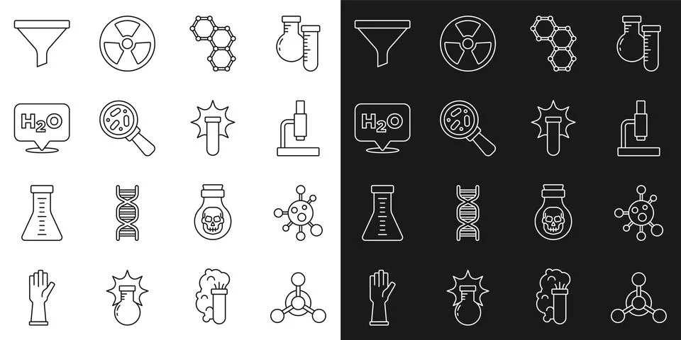 Set line Molecule, Microscope, Chemical formula, Microorganisms under magni.. Stock Illustration