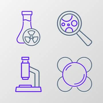 Set line Molecule, Microscope, Microorganisms under magnifier and Test tube with Stock Illustration