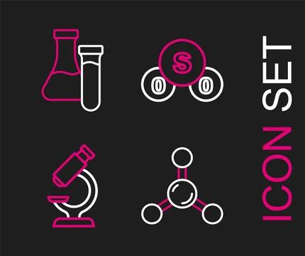 Set line Molecule, Microscope, Sulfur dioxide SO2 and Test tube icon. Vector イラスト素材
