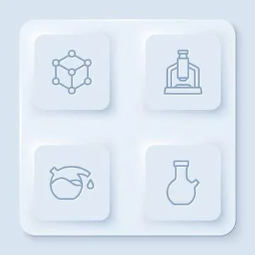 Set line Molecule, Microscope, Test tube and . White square button. Vector Illustrazione stock
