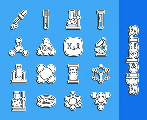 Set line Molecule, Microscope, Test tube flask on stand, Ozone, Pipette and Stock Illustration