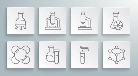 Set line Molecule, Microscope, Test tube, with toxic liquid and icon. Vector Stock Illustration
