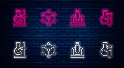 Set line Molecule, Microscope, Test tube flask on stand and . Glowing neon icon イラスト素材