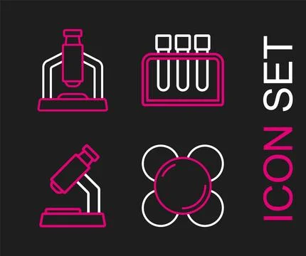 Set line Molecule, Microscope, Test tube and  icon. Vector Illustrazione stock