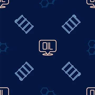 Set line Molecule oil, Barrel and Word on seamless pattern. Vector 스톡 일러스트