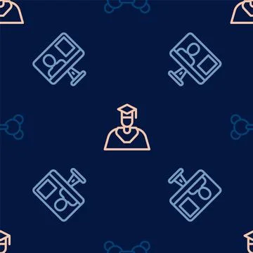 Set line Molecule, Online class and Graduate and graduation cap on seamless Stock Illustration